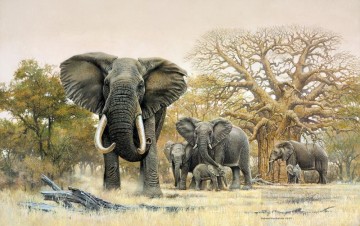 Elephant Painting - elephant herd and baobab trees